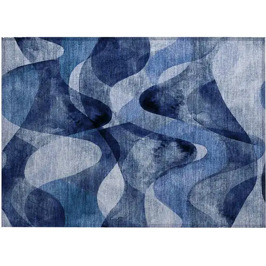 Navy Blue Abstract Washable Non Skid Indoor Outdoor Area Rug Photo 2