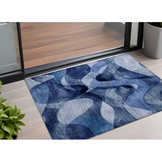 Navy Blue Abstract Washable Non Skid Indoor Outdoor Area Rug Photo 1