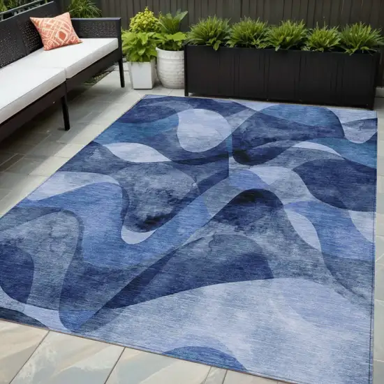 Navy Blue Abstract Washable Non Skid Indoor Outdoor Area Rug Photo 1