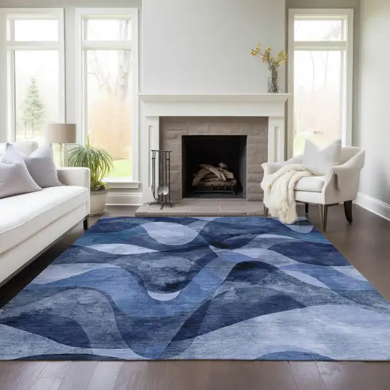 Navy Blue Abstract Washable Non Skid Indoor Outdoor Area Rug Photo 8