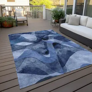 Photo of Navy Blue Abstract Washable Non Skid Indoor Outdoor Area Rug