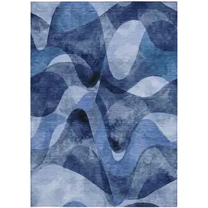 Photo of Navy Blue Abstract Washable Non Skid Indoor Outdoor Area Rug