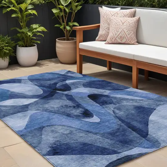 Navy Blue Abstract Washable Non Skid Indoor Outdoor Area Rug Photo 1