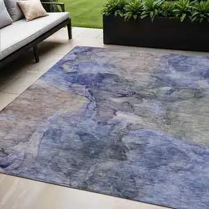 Photo of Navy Blue And Beige Abstract Washable Indoor Outdoor Area Rug