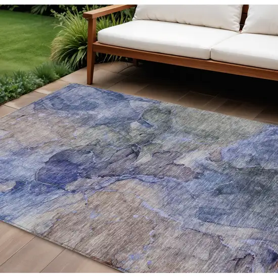 Navy Blue And Beige Abstract Washable Indoor Outdoor Area Rug Photo 1