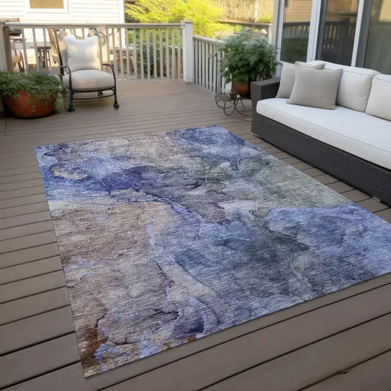 Navy Blue And Beige Abstract Washable Indoor Outdoor Area Rug Photo 8