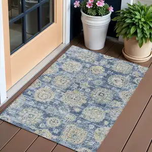 Photo of Navy Blue And Beige Floral Washable Indoor Outdoor Area Rug