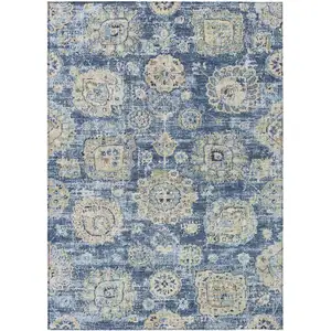 Photo of Navy Blue And Beige Floral Washable Indoor Outdoor Area Rug