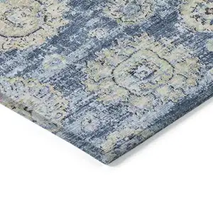 Photo of Navy Blue And Beige Floral Washable Indoor Outdoor Area Rug