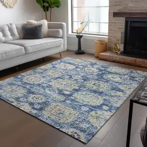 Photo of Navy Blue And Beige Floral Washable Indoor Outdoor Area Rug