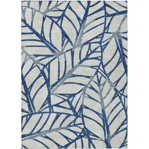 Photo of Navy Blue And Beige Floral Washable Indoor Outdoor Area Rug