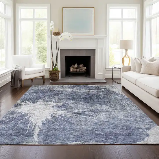 Navy Blue And Denim Blue Abstract Washable Indoor Outdoor Area Rug Photo 7