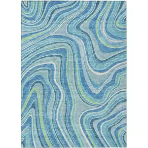 Photo of Navy Blue And Denim Blue Abstract Washable Indoor Outdoor Area Rug