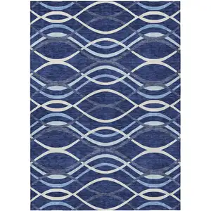 Photo of Navy Blue And Denim Blue Abstract Washable Indoor Outdoor Area Rug