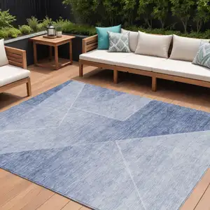 Photo of Navy Blue And Denim Blue Abstract Washable Indoor Outdoor Area Rug