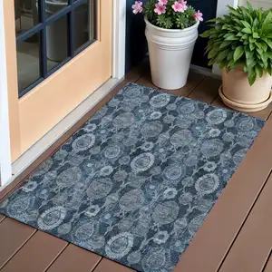 Photo of Navy Blue And Denim Blue Damask Washable Indoor Outdoor Area Rug