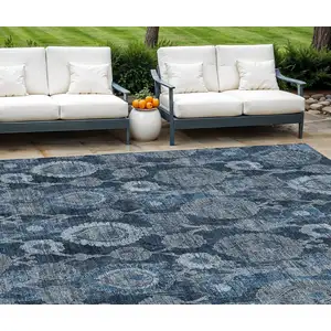 Photo of Navy Blue And Denim Blue Damask Washable Indoor Outdoor Area Rug