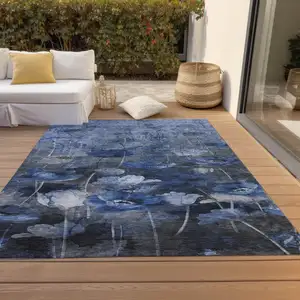 Photo of Navy Blue And Denim Blue Floral Washable Indoor Outdoor Area Rug