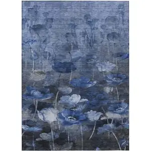 Photo of Navy Blue And Denim Blue Floral Washable Indoor Outdoor Area Rug