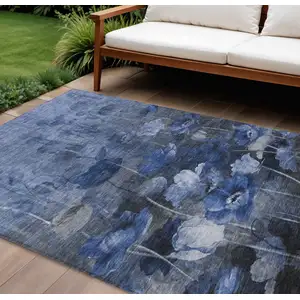 Photo of Navy Blue And Denim Blue Floral Washable Indoor Outdoor Area Rug