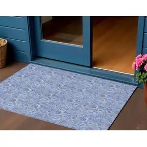 Photo of Navy Blue And Denim Blue Floral Washable Indoor Outdoor Area Rug