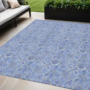 Photo of Navy Blue And Denim Blue Floral Washable Indoor Outdoor Area Rug