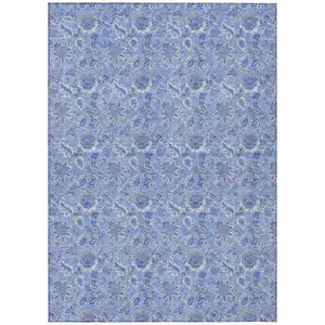 Photo of Navy Blue And Denim Blue Floral Washable Indoor Outdoor Area Rug