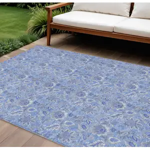 Photo of Navy Blue And Denim Blue Floral Washable Indoor Outdoor Area Rug