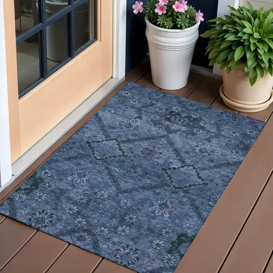 Navy Blue And Denim Blue Floral Washable Indoor Outdoor Area Rug Photo 1