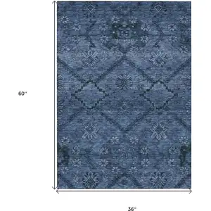 Photo of Navy Blue And Denim Blue Floral Washable Indoor Outdoor Area Rug