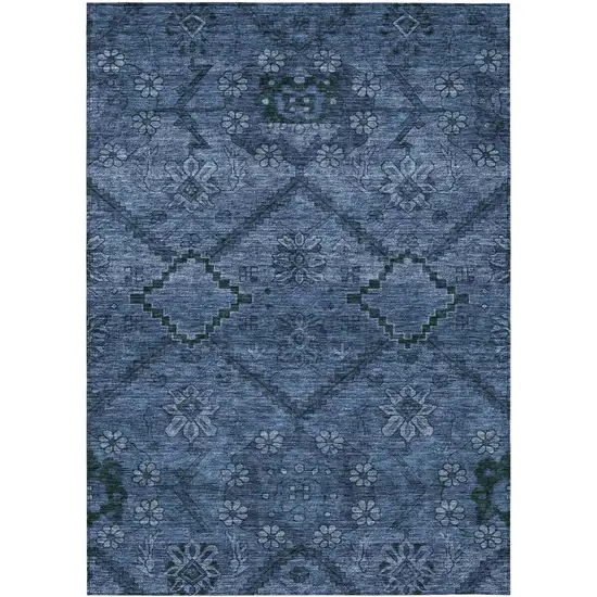 Navy Blue And Denim Blue Floral Washable Indoor Outdoor Area Rug Photo 2