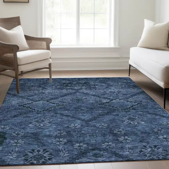 Navy Blue And Denim Blue Floral Washable Indoor Outdoor Area Rug Photo 9