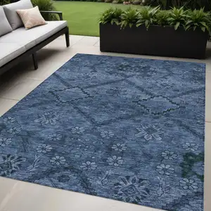 Photo of Navy Blue And Denim Blue Floral Washable Indoor Outdoor Area Rug