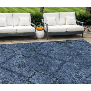 Photo of Navy Blue And Denim Blue Floral Washable Indoor Outdoor Area Rug