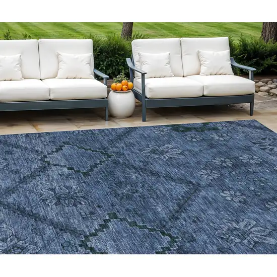 Navy Blue And Denim Blue Floral Washable Indoor Outdoor Area Rug Photo 1