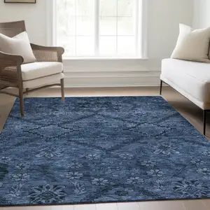 Photo of Navy Blue And Denim Blue Floral Washable Indoor Outdoor Area Rug