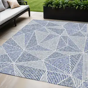 Photo of Navy Blue And Denim Blue Geometric Washable Indoor Outdoor Area Rug