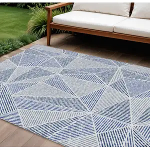 Photo of Navy Blue And Denim Blue Geometric Washable Indoor Outdoor Area Rug