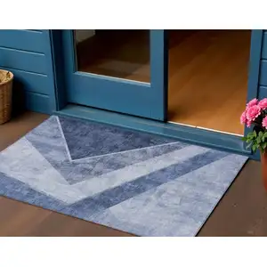 Photo of Navy Blue And Denim Blue Geometric Washable Indoor Outdoor Area Rug