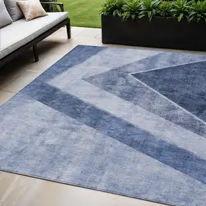 Photo of Navy Blue And Denim Blue Geometric Washable Indoor Outdoor Area Rug