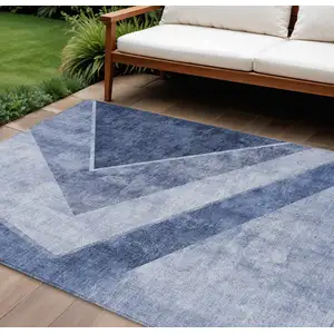 Photo of Navy Blue And Denim Blue Geometric Washable Indoor Outdoor Area Rug