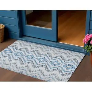 Photo of Navy Blue And Denim Blue Geometric Washable Indoor Outdoor Area Rug