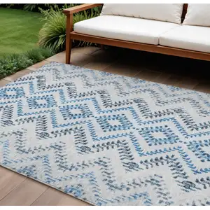 Photo of Navy Blue And Denim Blue Geometric Washable Indoor Outdoor Area Rug