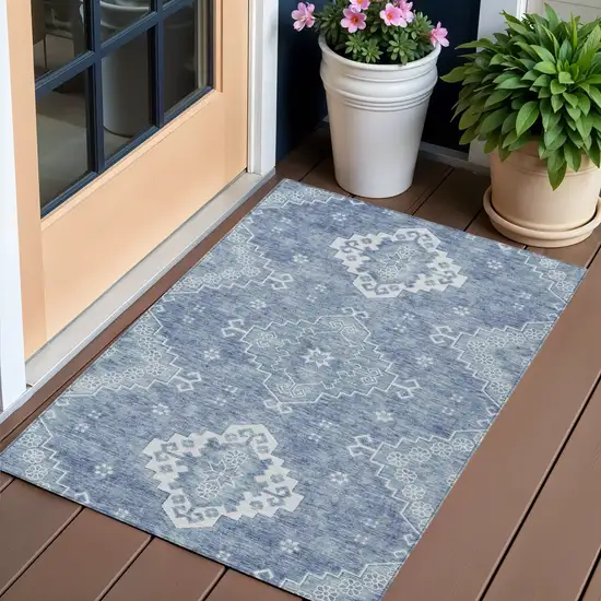 Navy Blue And Denim Blue Medallion Washable Indoor Outdoor Area Rug Photo 1