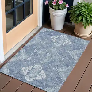 Photo of Navy Blue And Denim Blue Medallion Washable Indoor Outdoor Area Rug