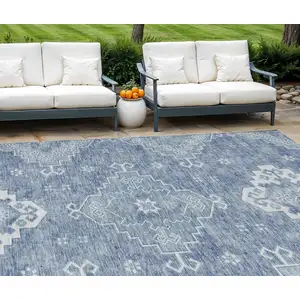 Photo of Navy Blue And Denim Blue Medallion Washable Indoor Outdoor Area Rug