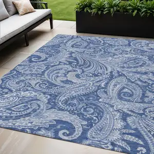 Photo of Navy Blue And Denim Blue Paisley Washable Indoor Outdoor Area Rug