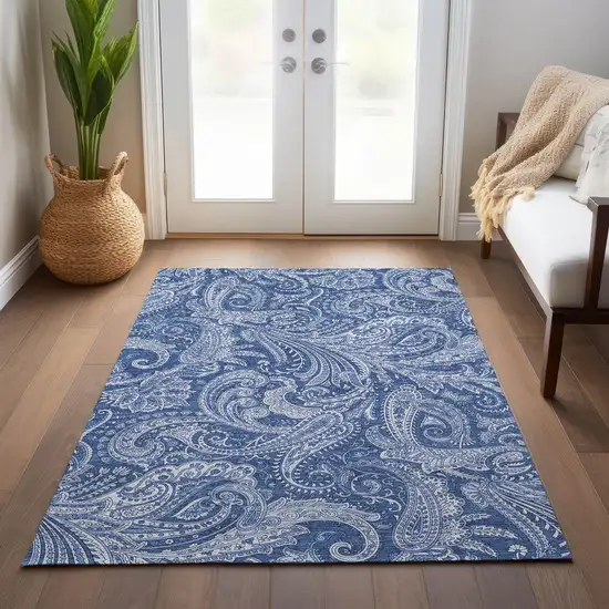 Navy Blue And Denim Blue Paisley Washable Indoor Outdoor Area Rug Photo 9