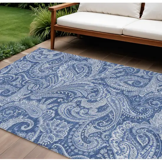 Navy Blue And Denim Blue Paisley Washable Indoor Outdoor Area Rug Photo 1