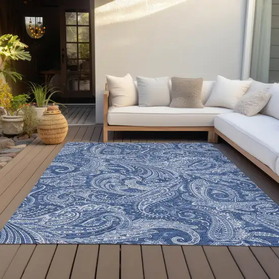 Navy Blue And Denim Blue Paisley Washable Indoor Outdoor Area Rug Photo 7